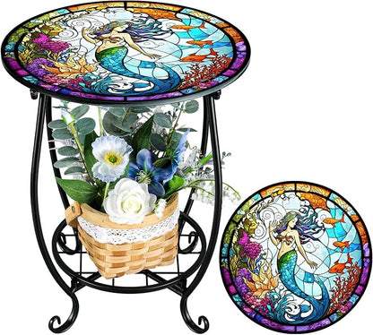 Cinnvoice Outdoor Side Table Round Small Mosaic Patio Accent Indoor End Plant by Cinnvoice