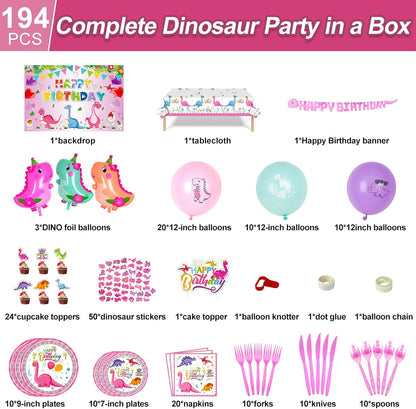 194 PCS Pink Dinosaur Party Decorations for Girls, Dinosaur Birthday Party Supplies Includes Dino Balloons, Backdrop, Happy Birthday Banner, Tablecloth, Plates, Napkins, Cake Toppers