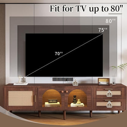 Merax Rattan TV Stand with LED Lights, Solid Wood Feet, Living Room, Bedroom - Image 2