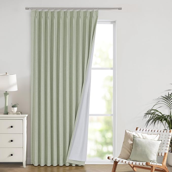 Vision Home Soft Green Pinch Pleated Full Blackout Curtains Linen Blended Room by VisionHome