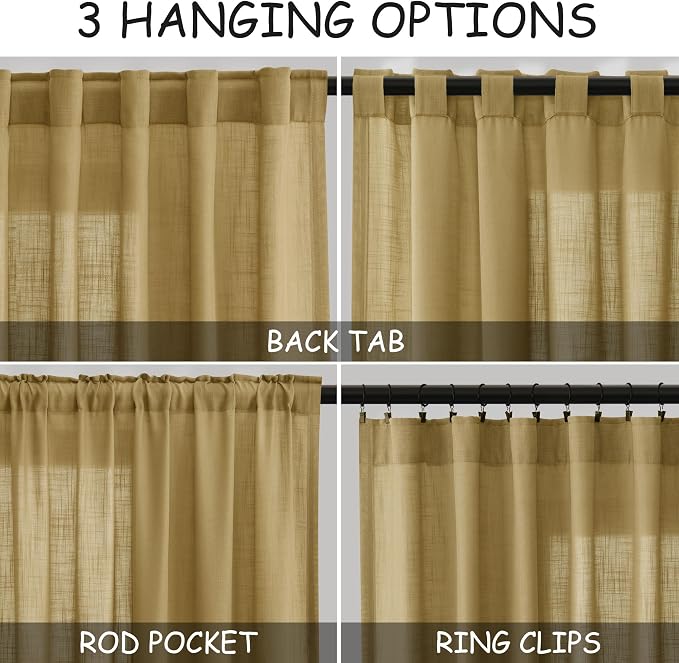 Gold Linen Curtains 102 Inches Long Rod Pocket Back Tab Drapes 2 Panels Set - Image 2