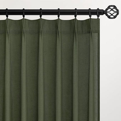 Topfinel Olive Green Pinch Pleated Semi Sheer Curtains Textured Linen Blended by Topfinel