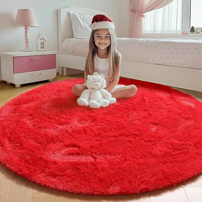 Red Round Area Rug 4ft, Soft Bedroom Circle Rugs Floor Mat by ONASAR