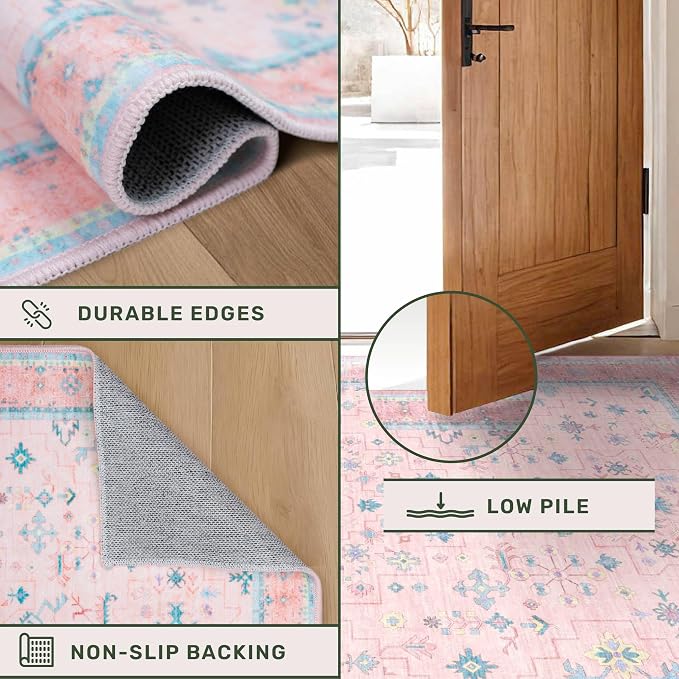 Washable Pink and Blue 6x8 Boho Rugs - Image 5