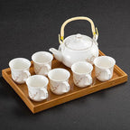 KEYDUACU Japanese Tea Set, White Ceramic Tea Set, Plum Blossom Embossed, Includes 1 Teapot, 6 Anti-scald Teacups,Tea Tray,Strainer, Used for Home, Outdoor, Gift, Chinese Kung Fu Tea Set(FDMH-FT-WHITE)