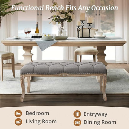 Cozyman Bedroom Bench, French Vintage Tufted Entryway 45.2" Carving Upholstered - Image 5