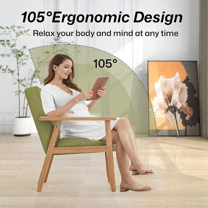 Modern Accent Chair with Wooden Table, Upholstered Linen Fabric Leisure Chair - Image 4