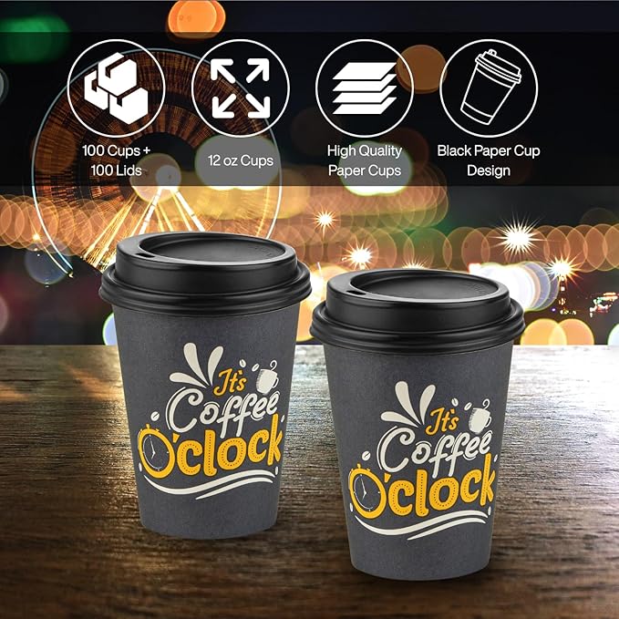 Smygoods Disposable Coffee Cups with Lids, To Go Paper Hot Cups, Coffee O'Clock Design (12 OZ, 100 Count) For Hot Beverages, Coffee, Tea, Espresso, Cocoa - Vasos Para Cafe