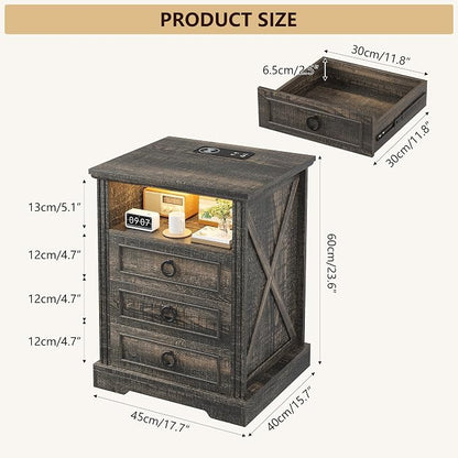 Nightstand with Charging Station, Farmhouse End Side Table with 3 Drawers and - Image 2
