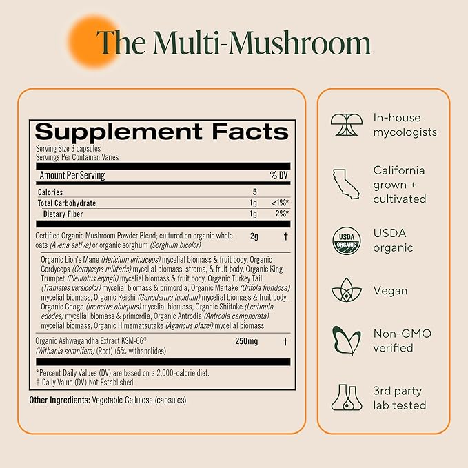 Om Master Blend Mushroom Capsules - Organic Mushroom Supplement with 10 Mushrooms and Ashwagandha – Support Immunity, Gut Health & Stress Relief, 84 Count (28 Servings)
