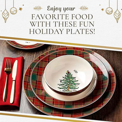 Spode Christmas Tree Tartan Dinner Plate, 10.5-Inch Festive Holiday Tableware, Colorful Christmas Dishes with Tartan Plaid Border, Fine Earthenware, Microwave & Dishwasher Safe Decorative Plate