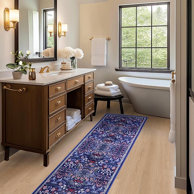 PLHXFR 2x6 Washable Runner Rug：Floral Indoor Kitchen Soft Carpet Blue | - Image 5