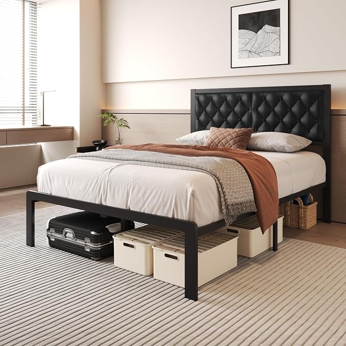 Fluest Full Bed Frame with Headboard PU Leather Upholstered Bed Frame Platform - Image 3