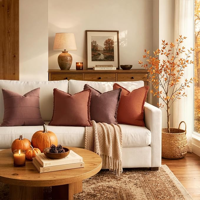 MIULEE Linen Fringe Decorative Fall Throw Pillow Covers Late Autumn 20x20 | Set - Image 6