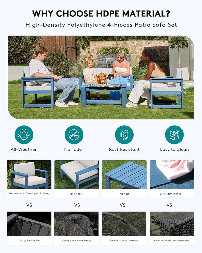 SERWALL 4 Pieces HDPE Outdoor Sofa Set - Image 3