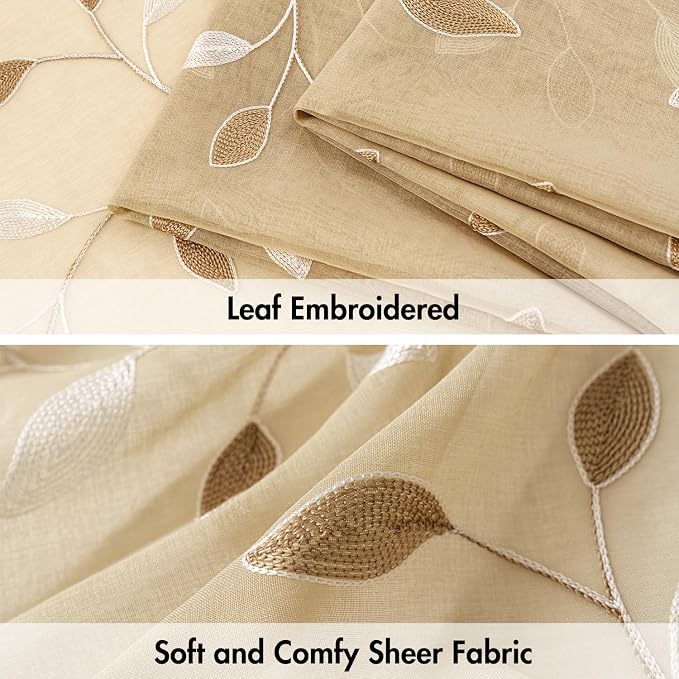 MIULEE Khaki Sheer Curtains 2 Panels Embroidered Leaf Patterned, W52 x L84 | - Image 4