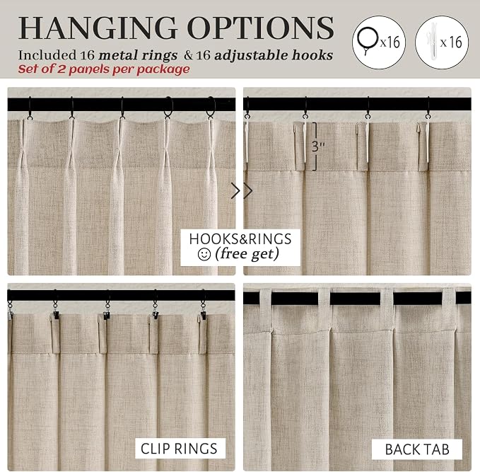 Pleated Natural Linen 95 Inch Curtains 2 Panel Set - Image 5