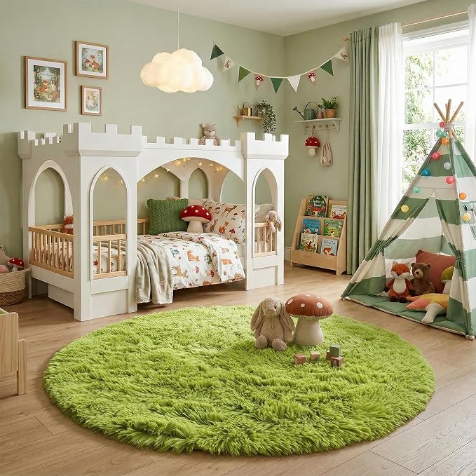Amdrebio Grass Green Round Fluffy Kids Rug 5Ft - Image 5