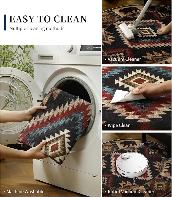 Southwestern Round Rug 4ft, Low Pile Soft Circle Rug - Image 6