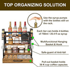 Coffee Syrup Organizer Rack, 4-Tier Syrup Bottle Holder Stand with 36 K Cup Pod Drawer Storage for Coffee Bar, 12 Bottles Storage Shelves for Syrup, Wine, Dressing for Kitchen Coffee Station