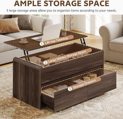 Coffee Table Lift Top with 2 Drawers, 40 Inch Multi-Function Coffee Table with - Image 4