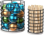 HBlife Coffee Pod Holder & Coffee Stirrers Holder Set, Metal Coffee Bar Accessories Large Capacity Kitchen Counter Decor for Keurig K cup & Nespresso Vertuo (Black Wire)