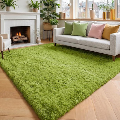 Amdrebio Grass Green Furry Area Rug 5x8 by Amdrebio
