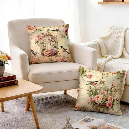 OBSEDE Vintage Throw Pillow Covers Set of 2, 18x18 Inch Pink Rose and Bird Print - Image 7