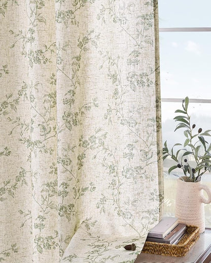 Extra Long Green Vintage Floral Linen Curtains Farmhouse 2 Panels | Elisa - Image 9