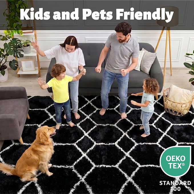 Area Rugs for Living Room, 7x10 Fluffy Black and White Modern Bedroom Rug | - Image 3