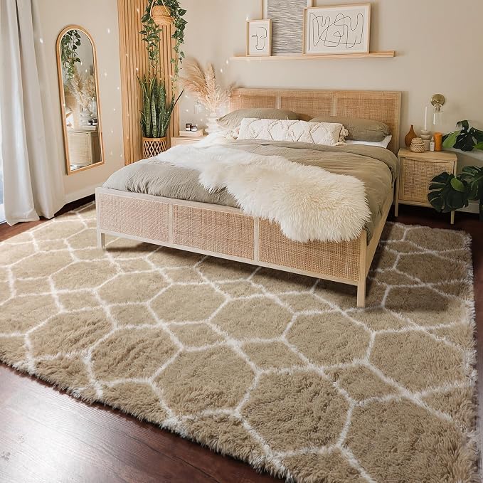 Area Rugs for Living Room, 7x10 Fluffy Beige and White Modern Bedroom Rug | - Image 6