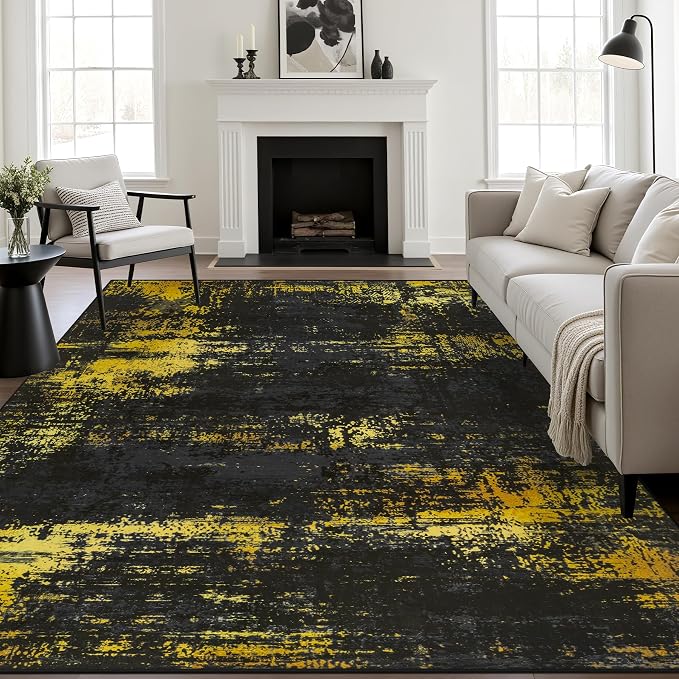 10x12 Area Rug Living Room: Modern Washable Soft Carpet Black Gold | by FXRHLP