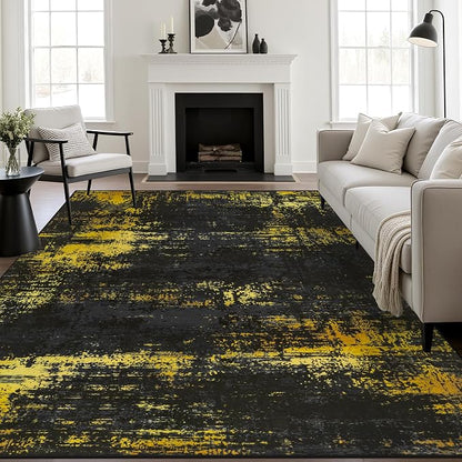 10x14 Area Rug Living Room: Modern Washable Soft Carpet Black Gold | by FXRHLP