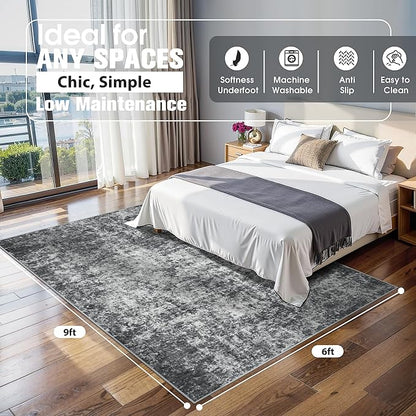 6x9 Area Rugs for Living Room Washable Bedroom Dining Room Black Grey | Modern - Image 2