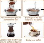34oz Pour Over Coffee Maker with Double Layer Stainless Steel Filter, Borosilicate Glass Dripper, Detachable Heat-Resistant Leather Pad 7-8 Cups Coffee Maker Carafe（Dark brown）