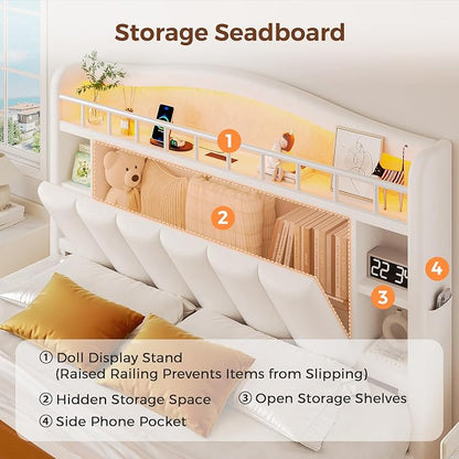Full Size Bed Frame with LED Storage Headboard & 2 Storage Drawers, Velvet - Image 4