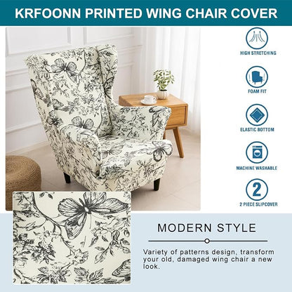 KRFOONN Velvet Wing Chair Slipcovers 2 Piece Stretch Printed Wingback Chair - Image 5