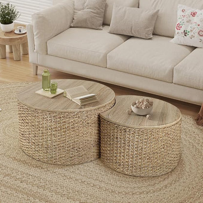 Nesting Coffee Table Set of 2, Rustic Crate and Barrel Coffee Table, Hand-Woven - Image 7