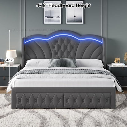 Keyluv Queen Bed Frame with LED Lights and 2 Storage Drawers, Velvet - Image 5