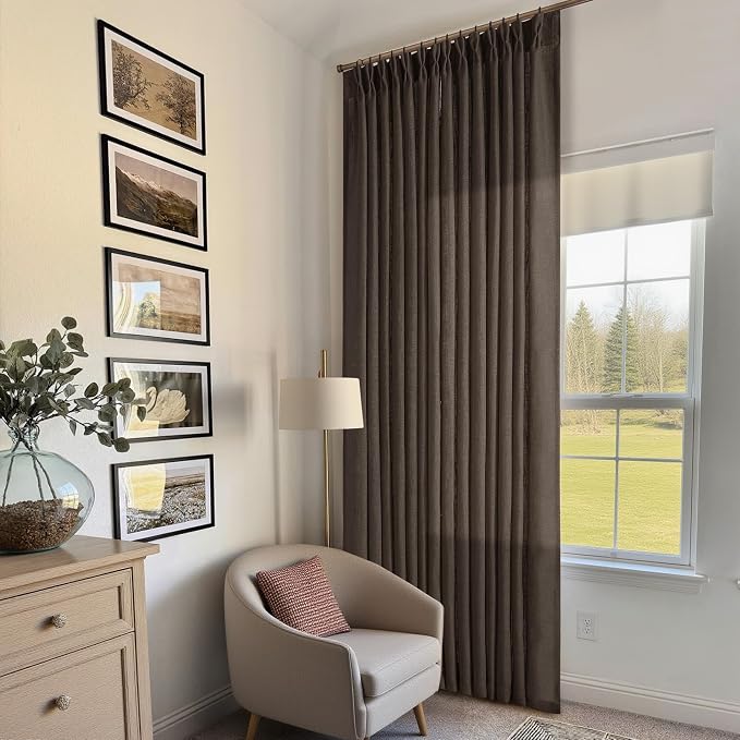 Dark Chocolate 102 Inch Pinch Pleated Semi Sheer Linen Curtains 2 Panels | - Image 8