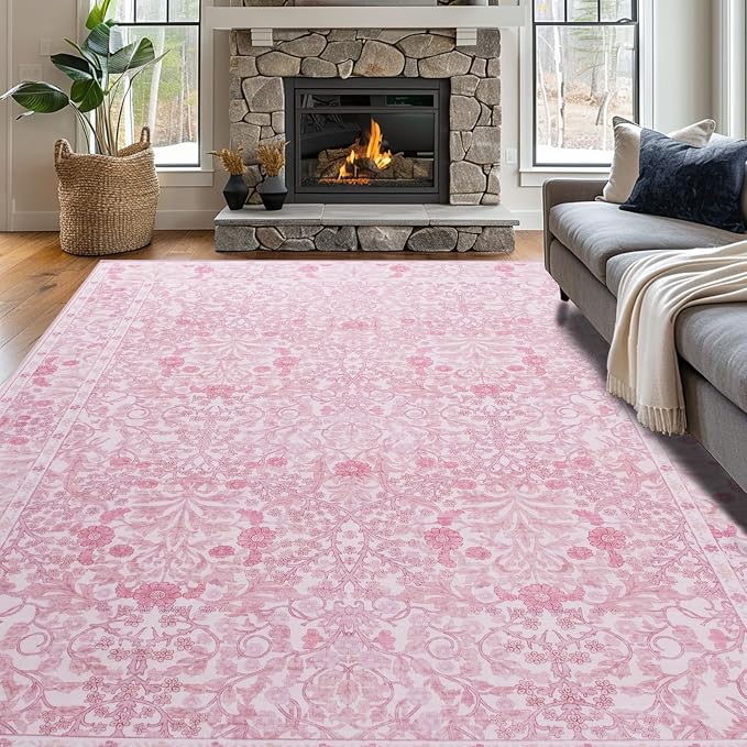 Vintage Pink Living Room Rug, 9x12 Washable Area Rugs - Image 2