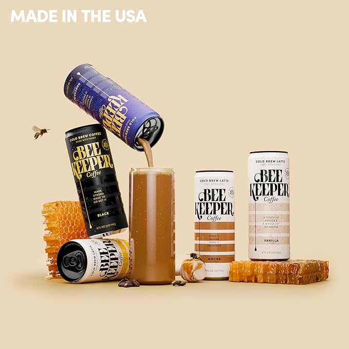 Beekeeper Coffee Cold Brew Vanilla Latte with Oregon Honey, 8 fl oz cans (Pack of 12), Ready-to-Drink, 125mg Natural Caffeine