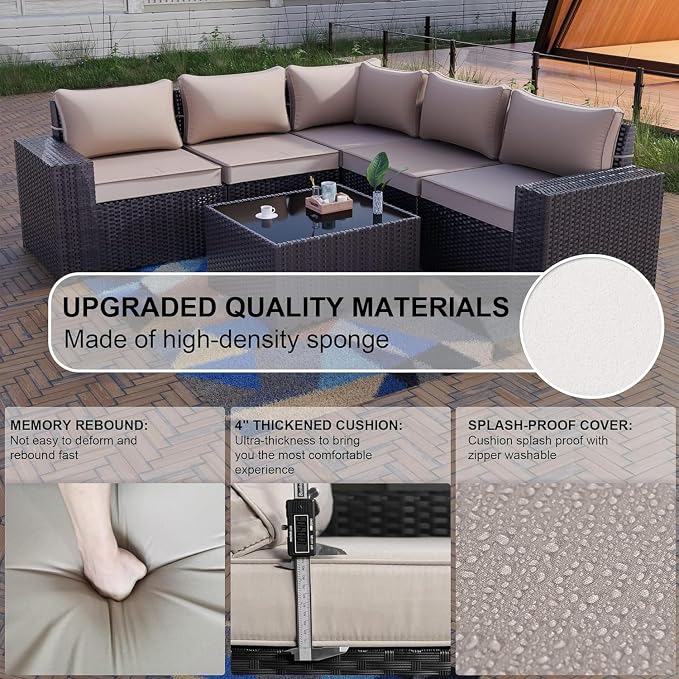 Kullavik Outdoor Patio Furniture Set 6 Pieces Sectional Rattan Sofa Set Brown - Image 2
