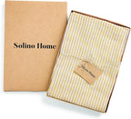 Solino Home 100% Pure Linen Apron for Women & Men - Spicy Mustard and White Stripe Full Midi Bib Apron, Adjustable Neck Strap with Center Pockets for Kitchen, Chef - Handcrafted from European Flax