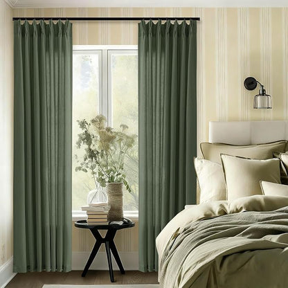 105 Inch Olive Green Pleated Ceiling Track Curtains Linen Semi Sheer | Light - Image 9