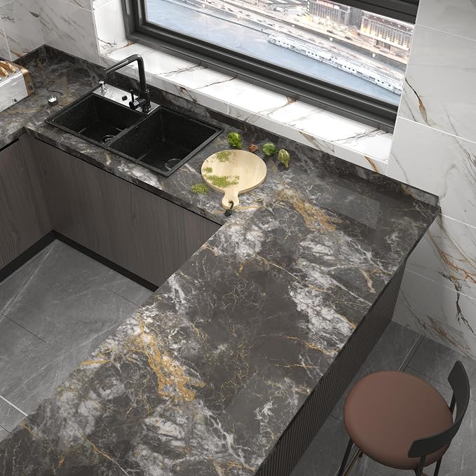 BAYYA 48"x80" Extra Wide Marble Contact Paper Grey/Gold Glossy Marble Wallpaper - Image 2