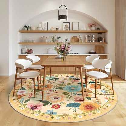 RELEANY Floral Washable Round 8ft Area Rug Ivory/Yellow | Flower Carpet Print - Image 2