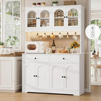 HIFIT 71" LED Kitchen Pantry Cabinet with Power Outlet, Large Kitchen Hutch Storage Cabinet with Arched Door & Shelves & 2 Drawers, Tall Modern Coffee Bar with Hutch for Home Dining Living Room, White