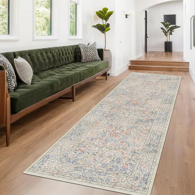 Beige Blue Washable 2'6"x10' Wide Hallway Runners, Kitchen Runner Rug, Non-Slip - Image 6