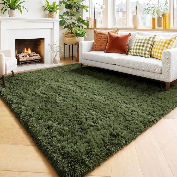 Amdrebio Olive Green Large Fuzzy Furry Area Rug 6x9 by Amdrebio